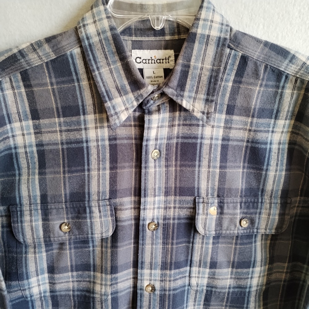 Carhartt Flannel Shirt Mens Large L Blue Gray Plaid Cotton Workwear Long Sleeve
